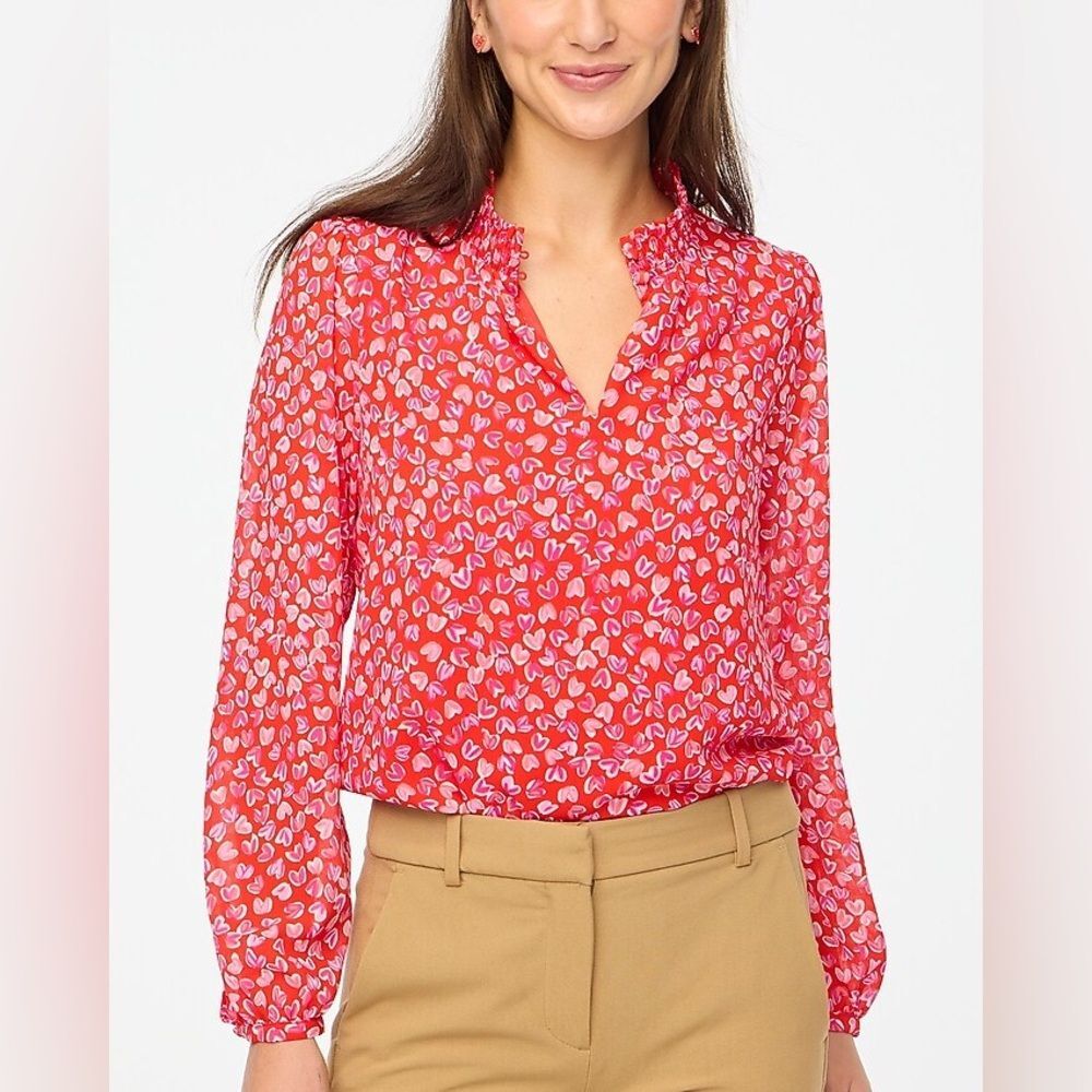 J Crew Fac Valentine’s NWT Smocked High Neck Top Size S in Bright Hearts